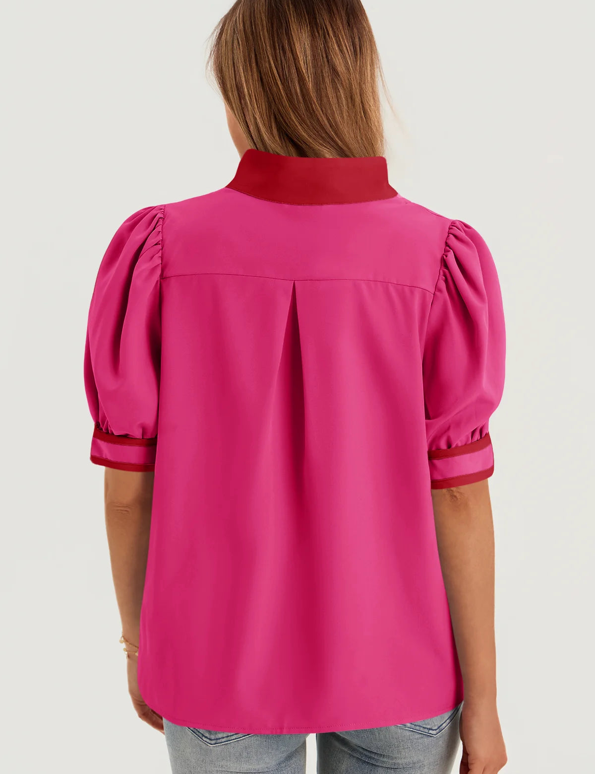 Womens Rose Red Color Blcok Puff Sleeve Blouses 3