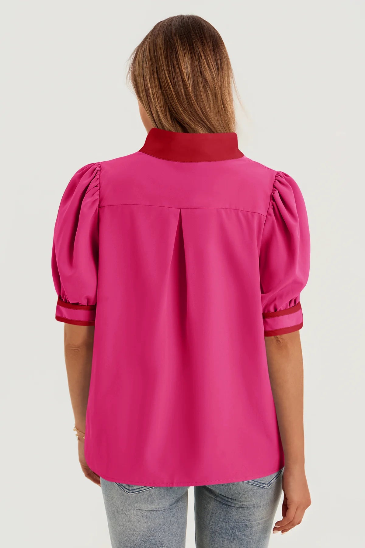 Womens Rose Red Color Blcok Puff Sleeve Blouses 3