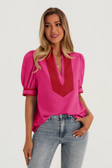 Womens Rose Red Color Blcok Puff Sleeve Blouses | CicyBell