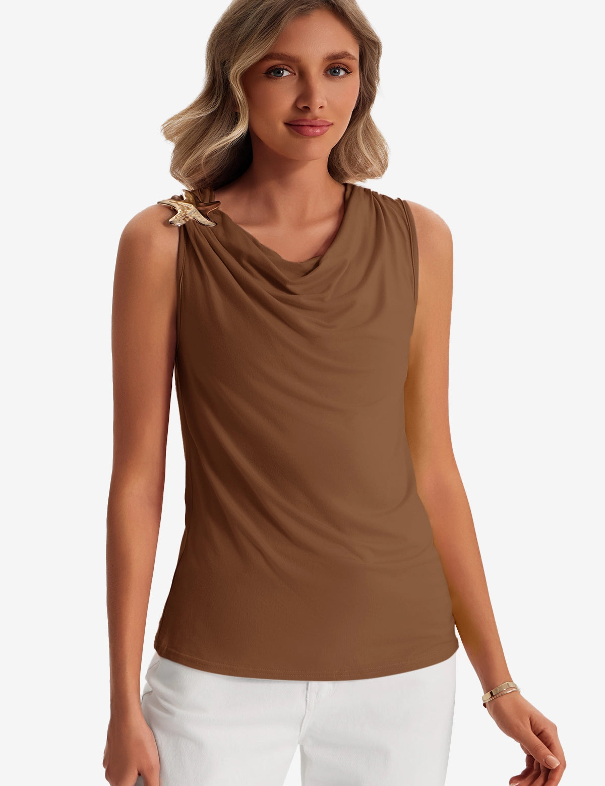 Womens Light Coffee Summer Crew Neck Tank Tops 1