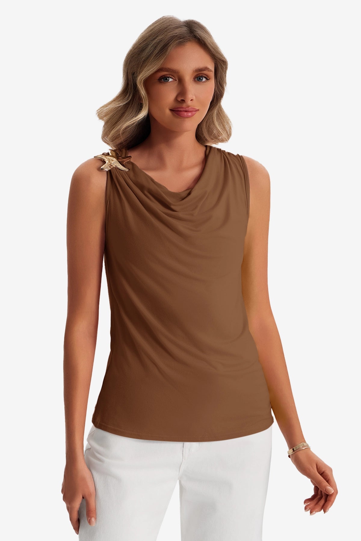 Womens Light Coffee Summer Crew Neck Tank Tops 1