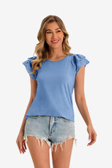 Womens Blue Ruffle Cap Sleeve T-Shirts | CicyBell