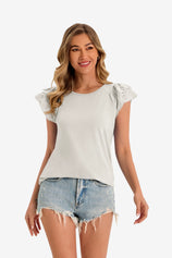Womens White Ruffle Cap Sleeve T-Shirts 1