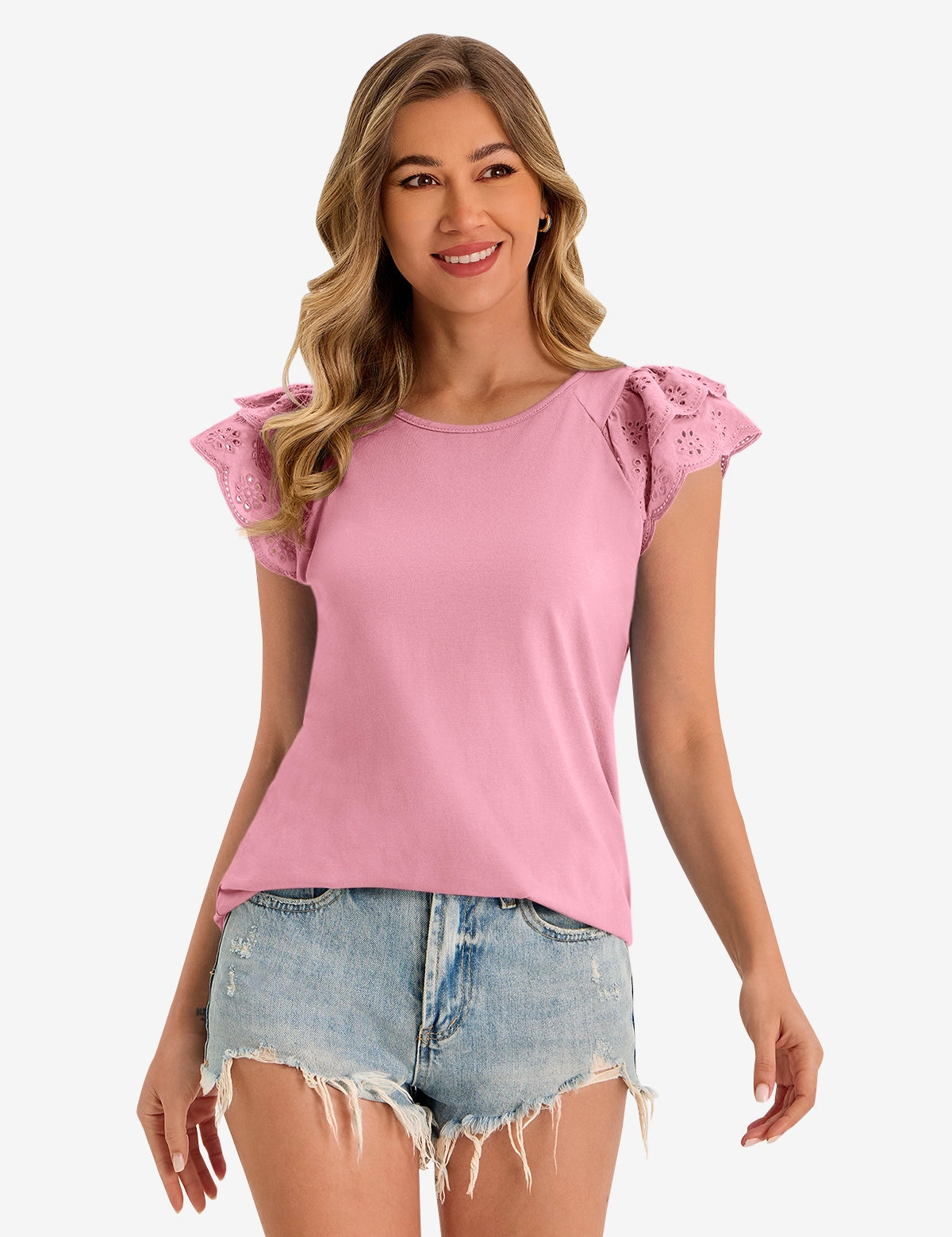 Womens Pink Ruffle Cap Sleeve T-Shirts 1
