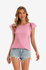 Womens Pink Ruffle Cap Sleeve T-Shirts 1