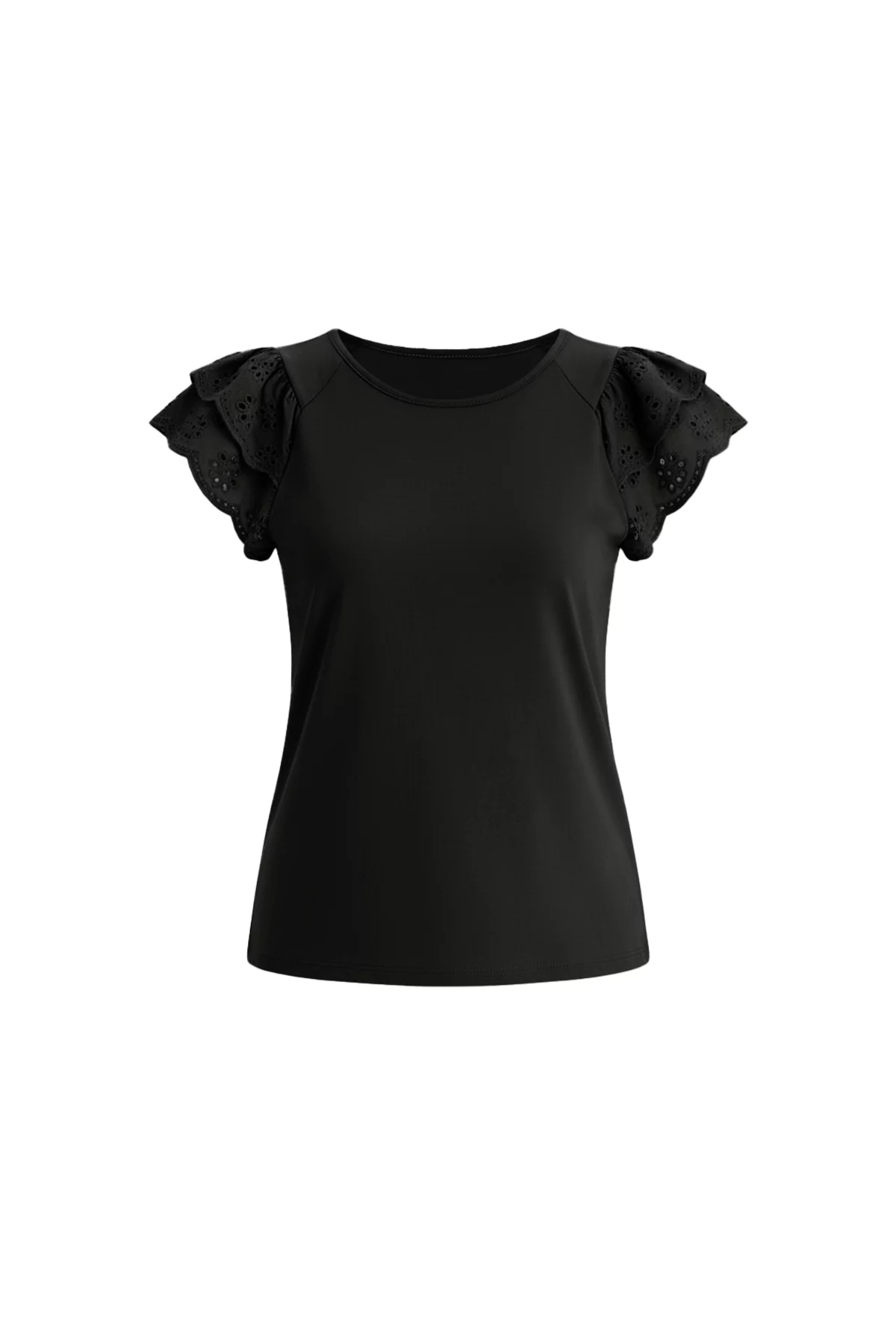 Womens  Black Ruffle Cap Sleeve T-Shirts | CicyBell