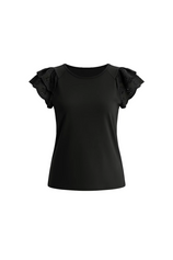 Womens  Black Ruffle Cap Sleeve T-Shirts | CicyBell