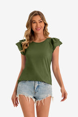 Womens Army Green Ruffle Cap Sleeve T-Shirts 1