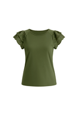 Womens Army Green Ruffle Cap Sleeve T-Shirts | CicyBell