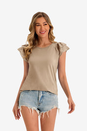 Womens Khaki Ruffle Cap Sleeve T-Shirts 1