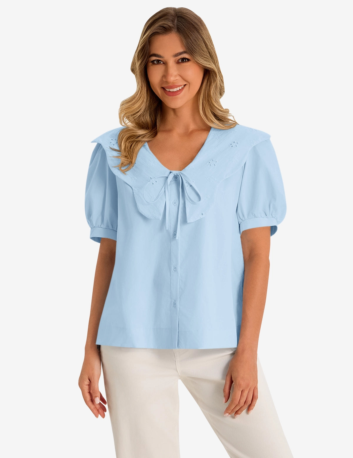 Womens Sky Blue Collar Button Down Shirts