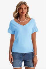 Womens Blue Ruffle Short Sleeve Sweater 1