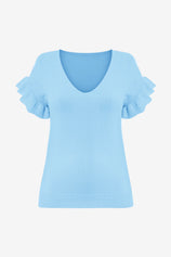 Womens Blue Ruffle Short Sleeve Sweater 2