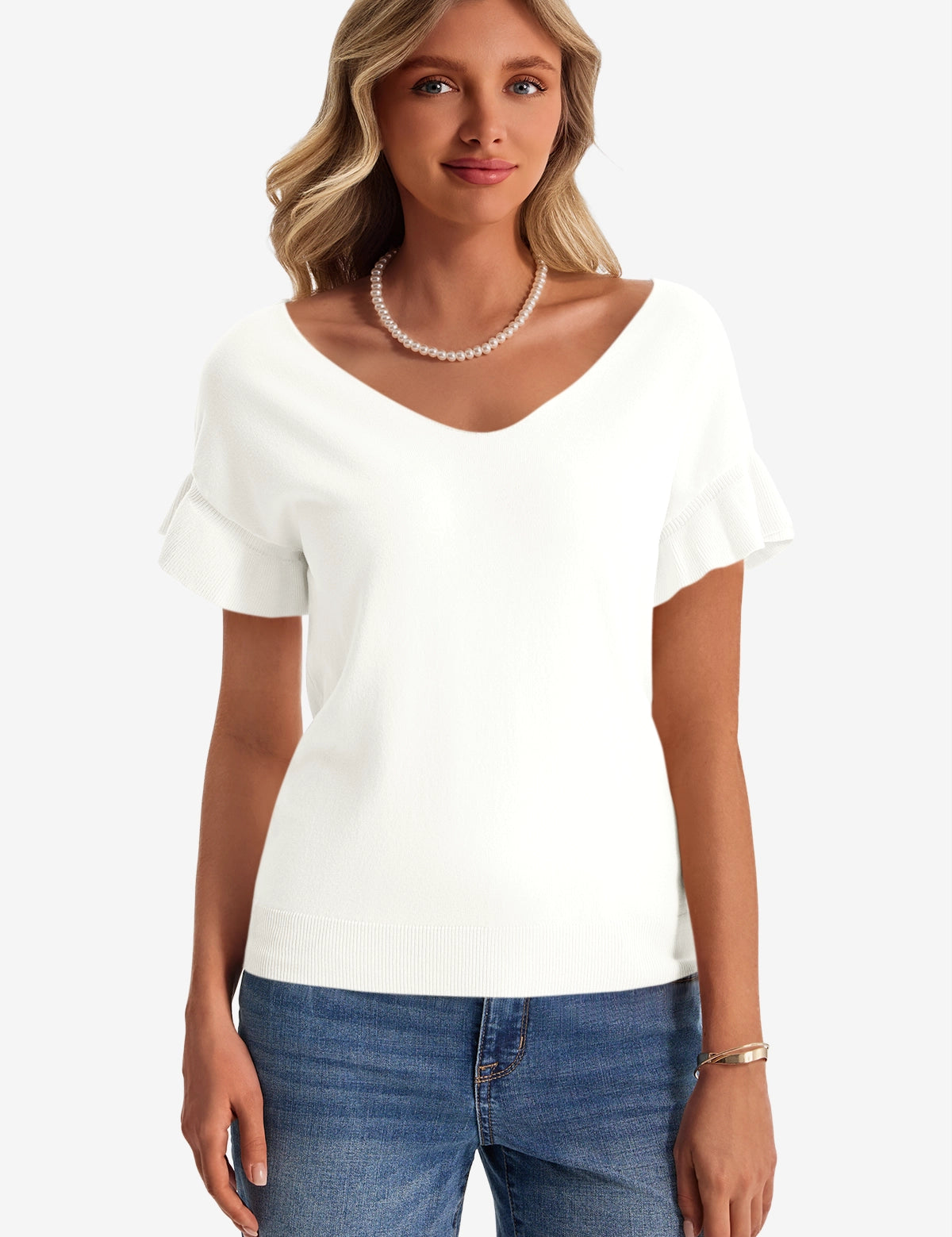Womens White Ruffle Short Sleeve Sweater 1