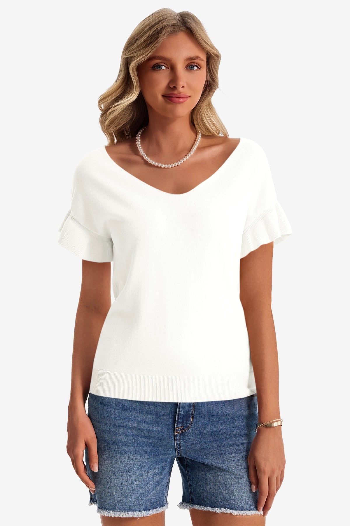 Womens White Ruffle Short Sleeve Sweater 1