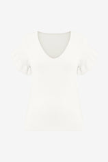 Womens White Ruffle Short Sleeve Sweater 2