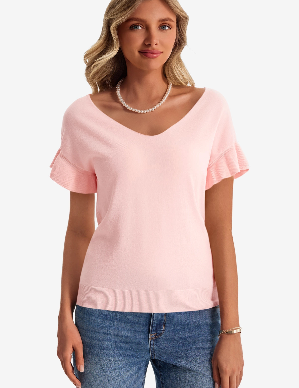 Womens Pink Ruffle Short Sleeve Sweater 1
