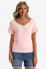 Womens Pink Ruffle Short Sleeve Sweater 1