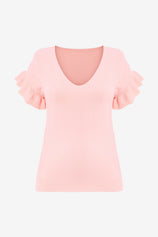 Womens Pink Ruffle Short Sleeve Sweater 2