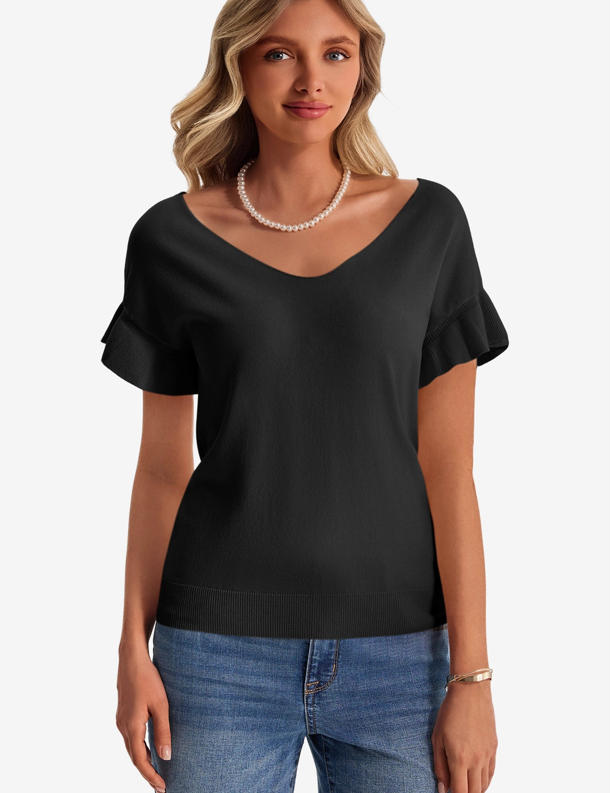 Womens Black Ruffle Short Sleeve Sweater  1