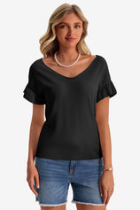 Womens Black Ruffle Short Sleeve Sweater  1
