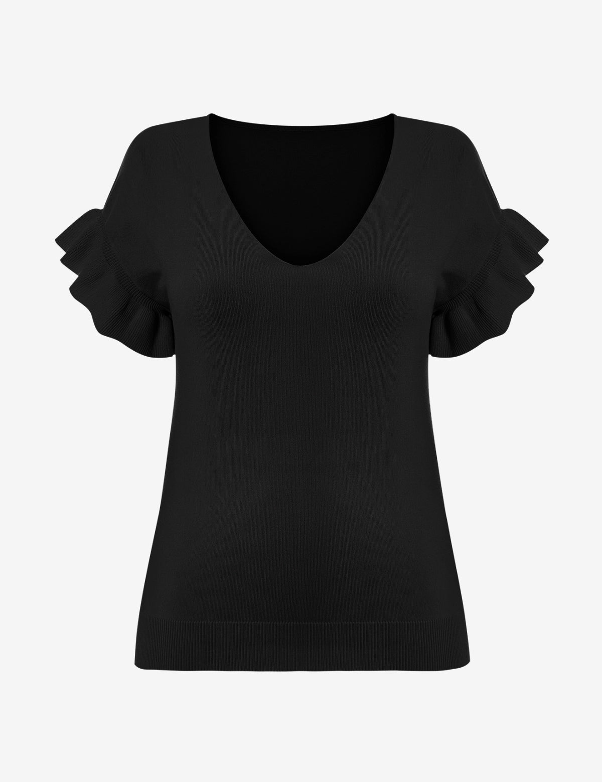Womens Black Ruffle Short Sleeve Sweater  2