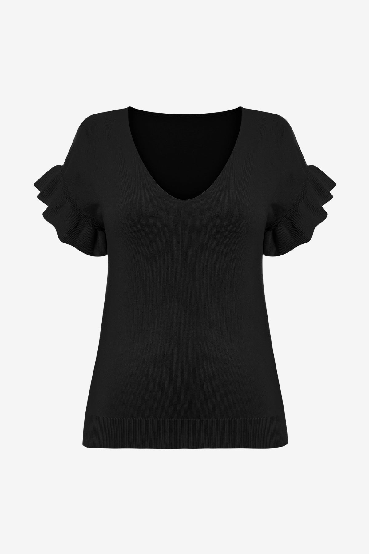 Womens Black Ruffle Short Sleeve Sweater  2