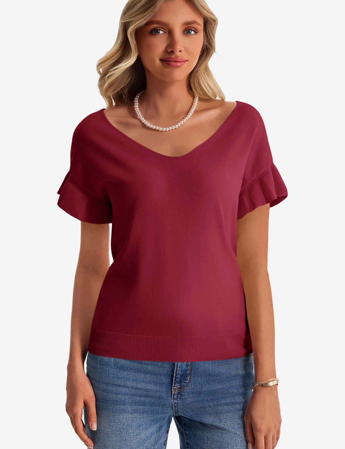 Womens Burgundy Ruffle Short Sleeve Sweater 1