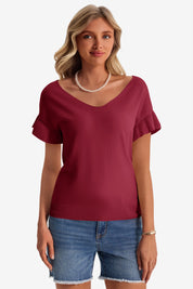 Womens Burgundy Ruffle Short Sleeve Sweater 1