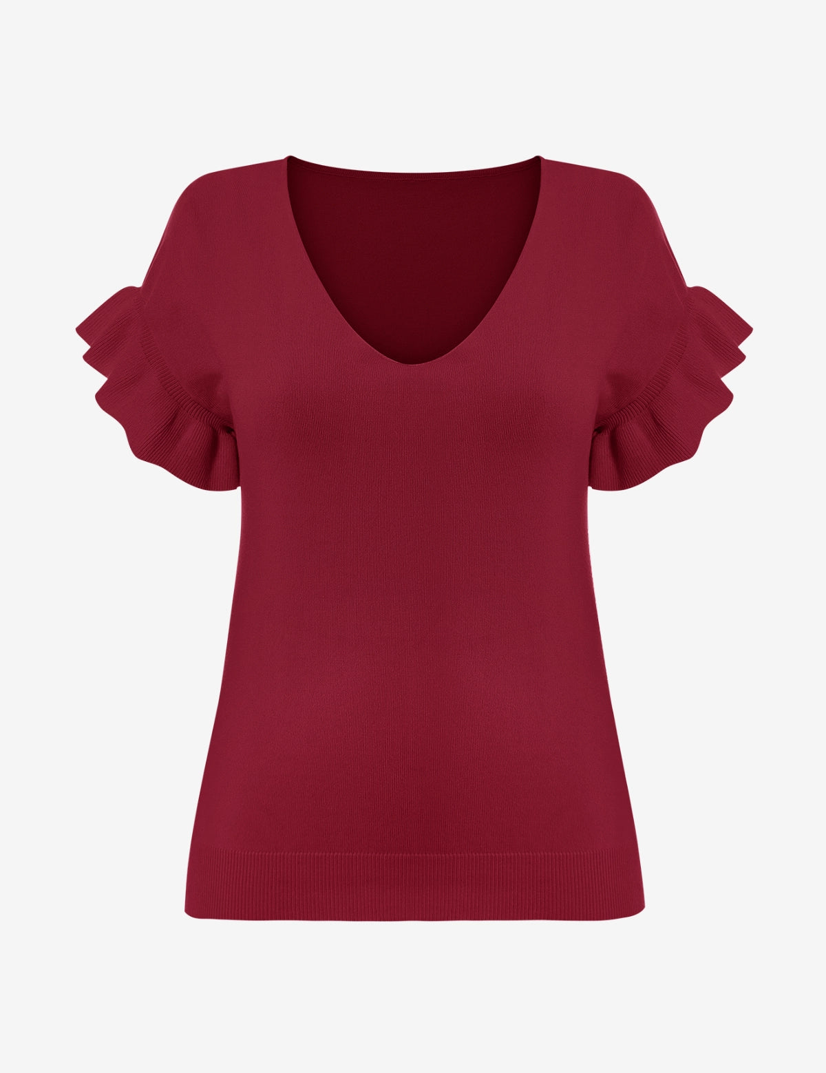 Womens Burgundy Ruffle Short Sleeve Sweater 2