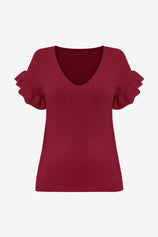 Womens Burgundy Ruffle Short Sleeve Sweater 2