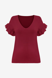 Womens Burgundy Ruffle Short Sleeve Sweater 2