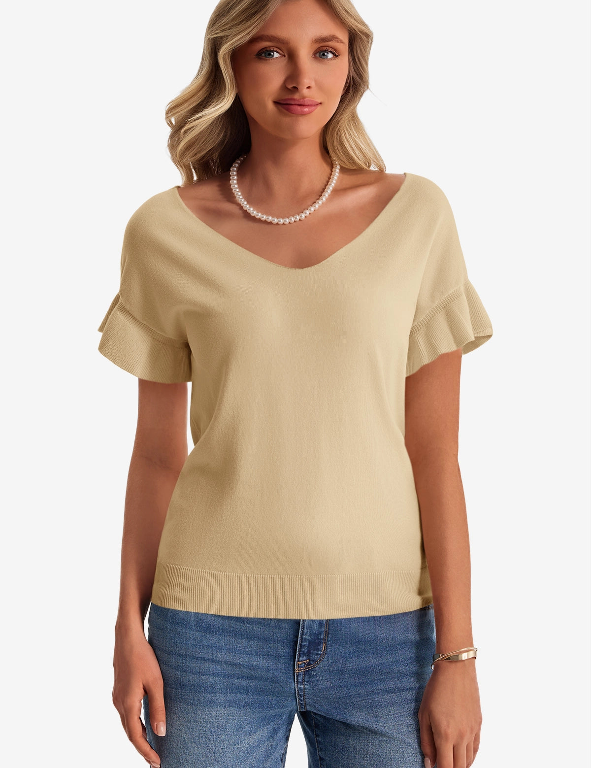 Womens Khaki Ruffle Short Sleeve Sweater 1