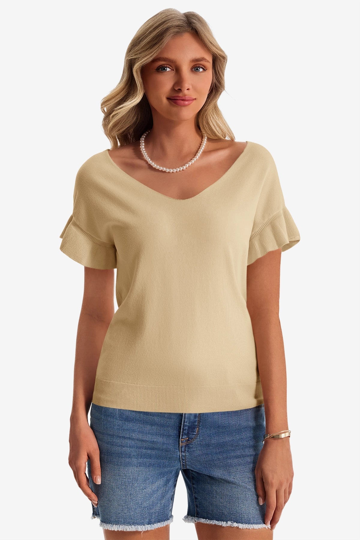 Womens Khaki Ruffle Short Sleeve Sweater 1