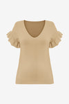 Womens Khaki Ruffle Short Sleeve Sweater 2
