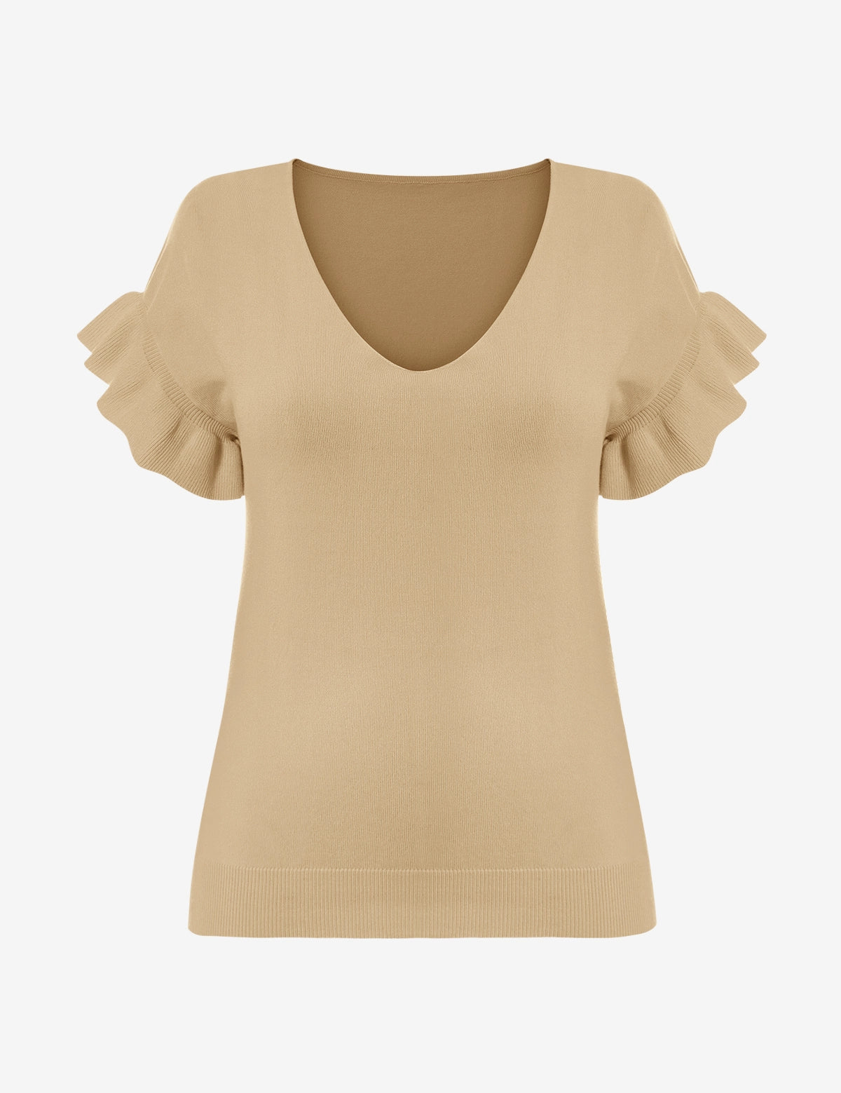 Womens Khaki Ruffle Short Sleeve Sweater 2