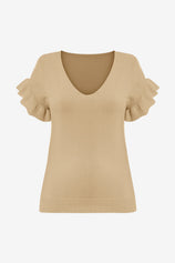 Womens Khaki Ruffle Short Sleeve Sweater 2