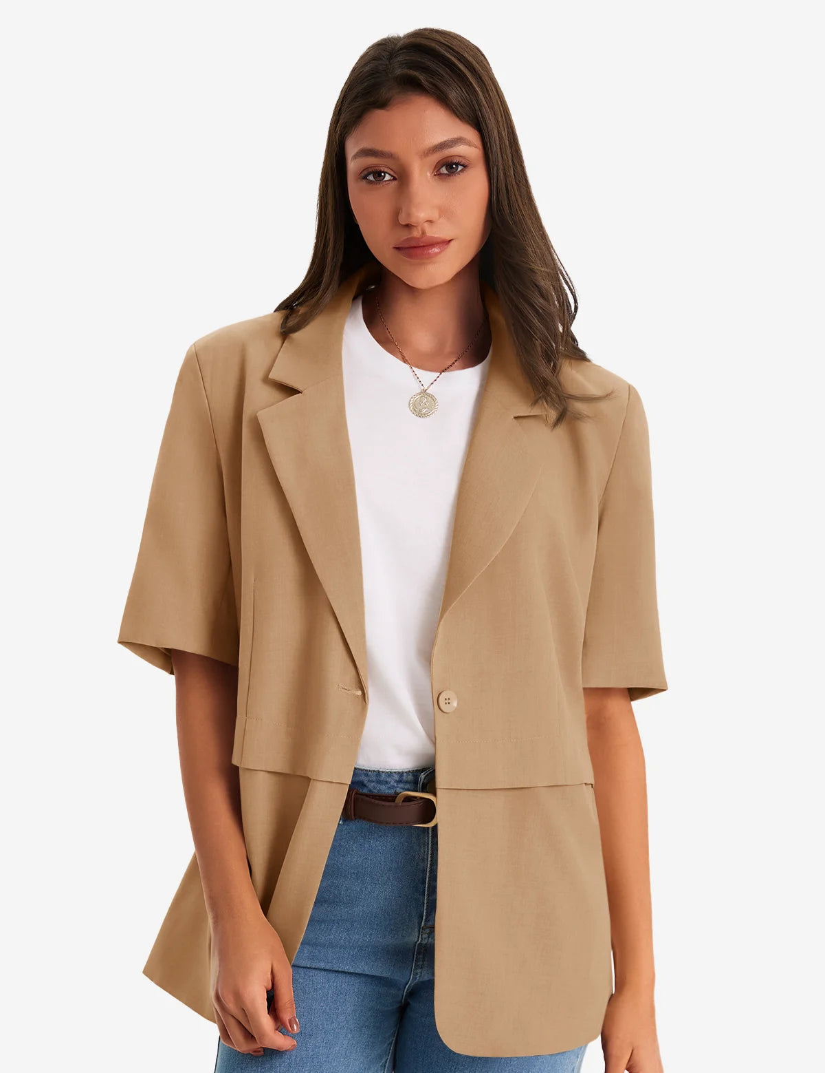 Womens Dark Khaki Casual Short Sleeve Blazer 1