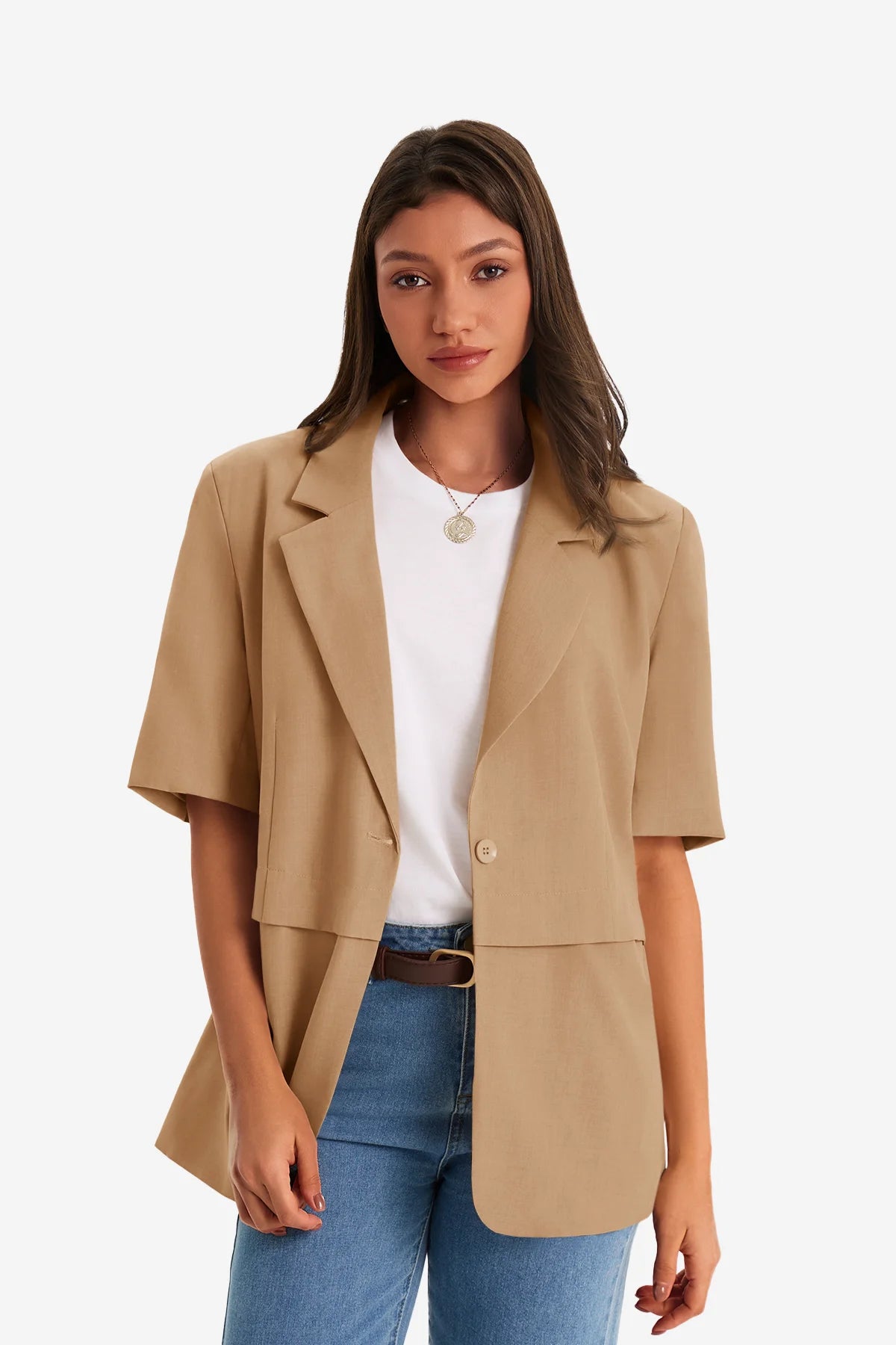 Womens Dark Khaki Casual Short Sleeve Blazer 1