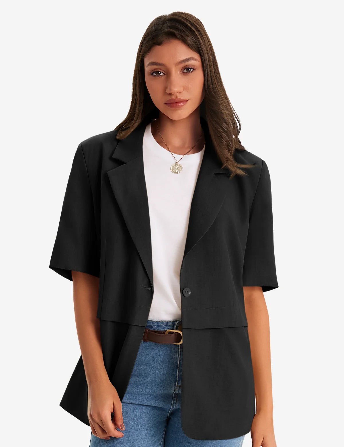 Womens  Black Casual Short Sleeve Blazer 1