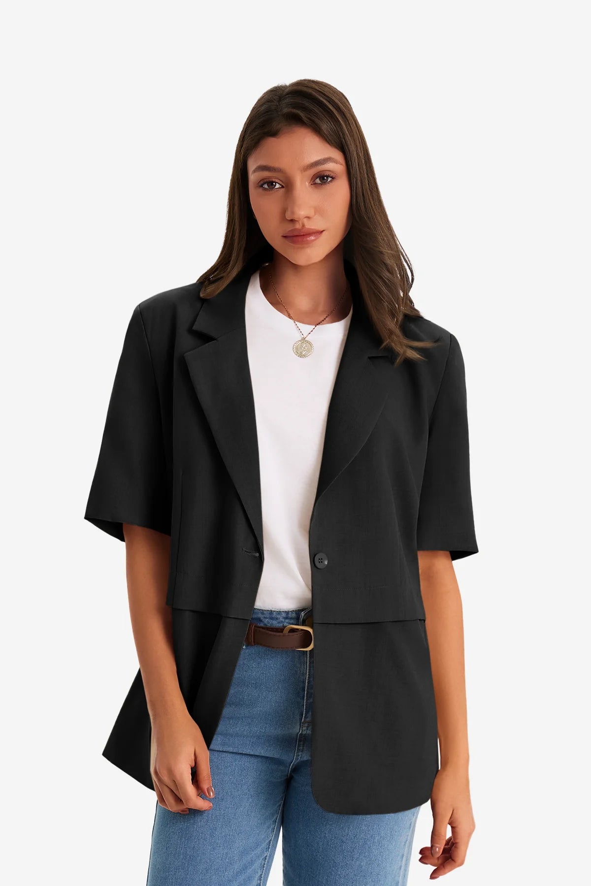 Womens  Black Casual Short Sleeve Blazer 1