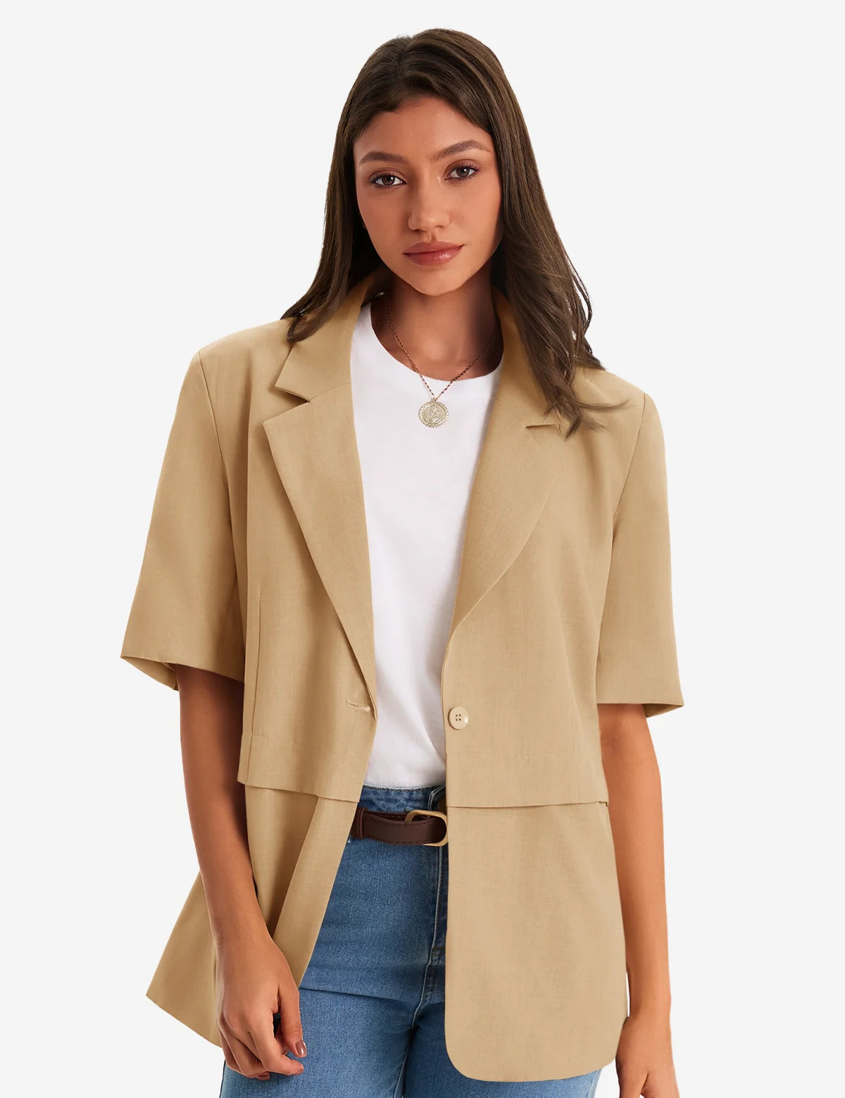 Womens Khaki Casual Short Sleeve Blazer 1