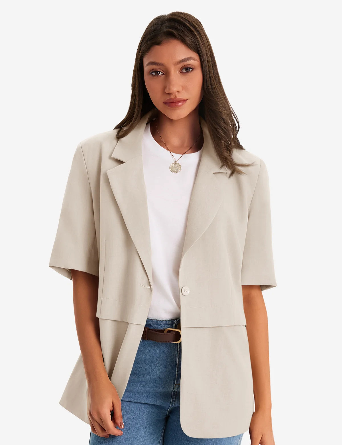 Womens Beige Casual Short Sleeve Blazer 1