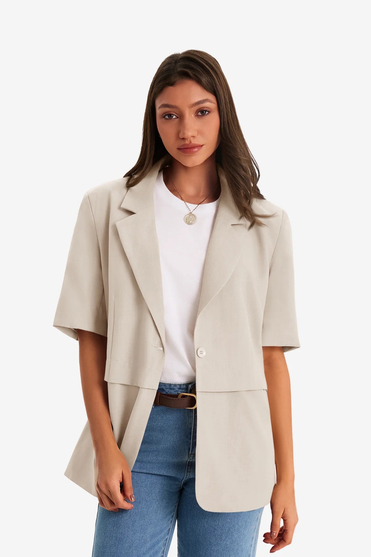 Womens Beige Casual Short Sleeve Blazer 1