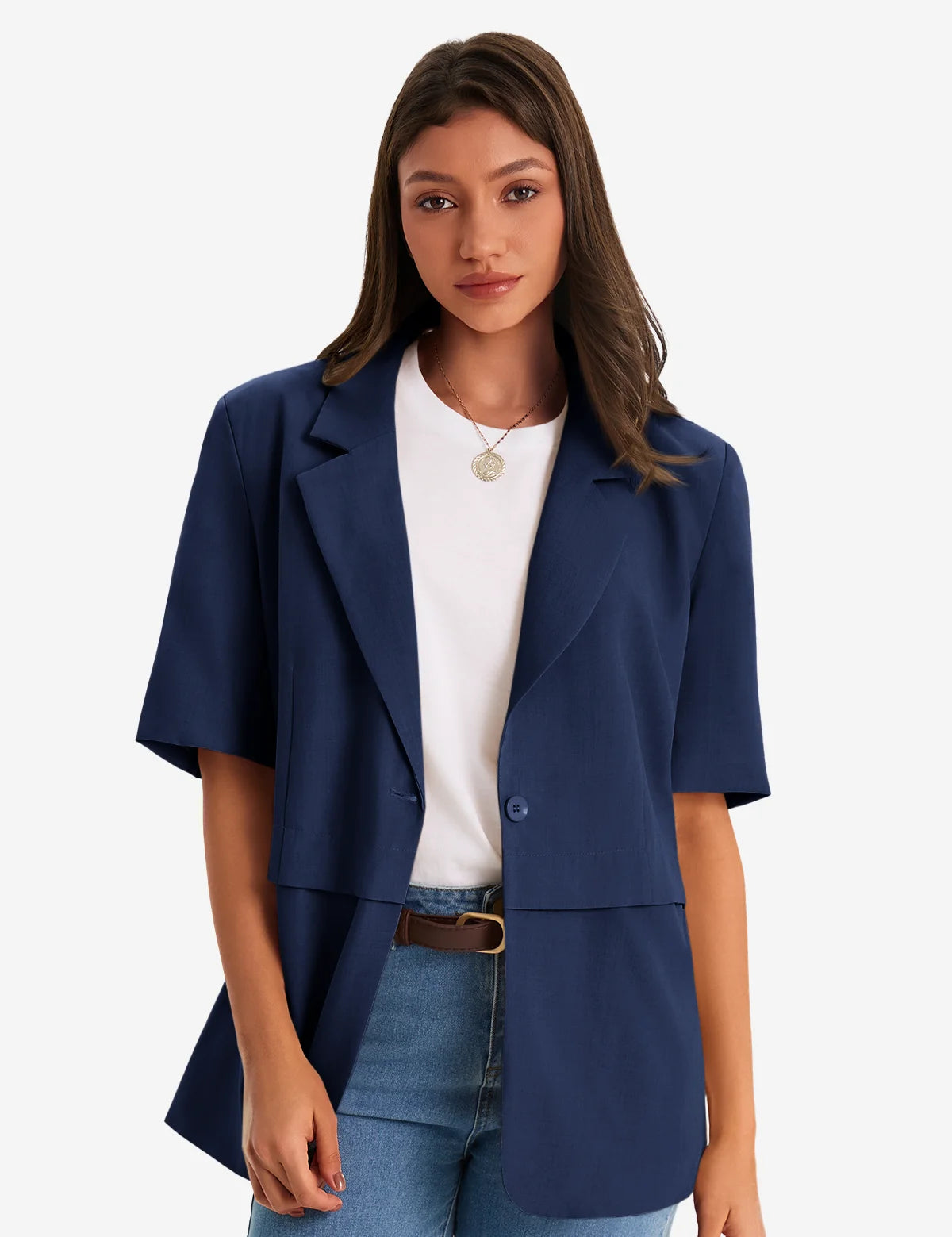 Womens Dark Blue Casual Short Sleeve Blazer 1