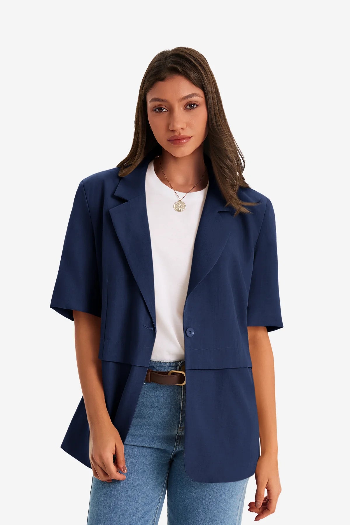 Womens Dark Blue Casual Short Sleeve Blazer 1
