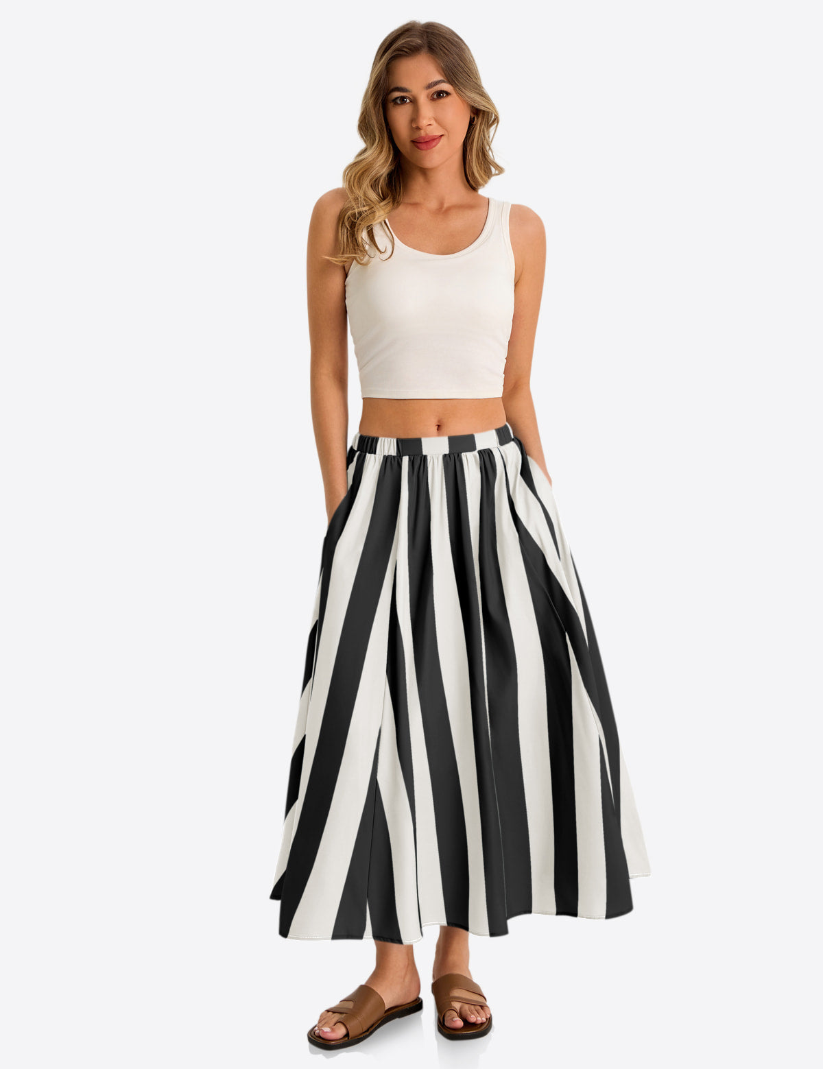 Womens  Black Summer Striped Maxi Skirts