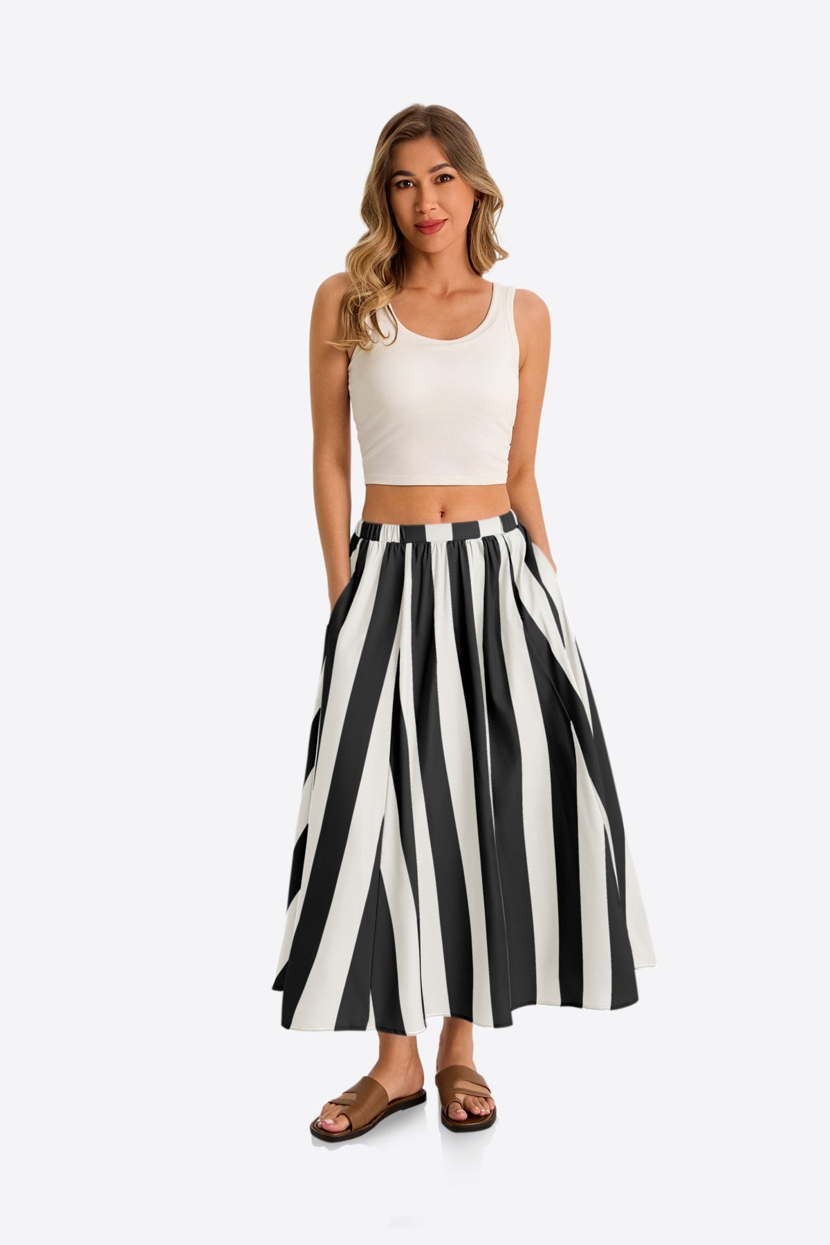 Womens  Black Summer Striped Maxi Skirts