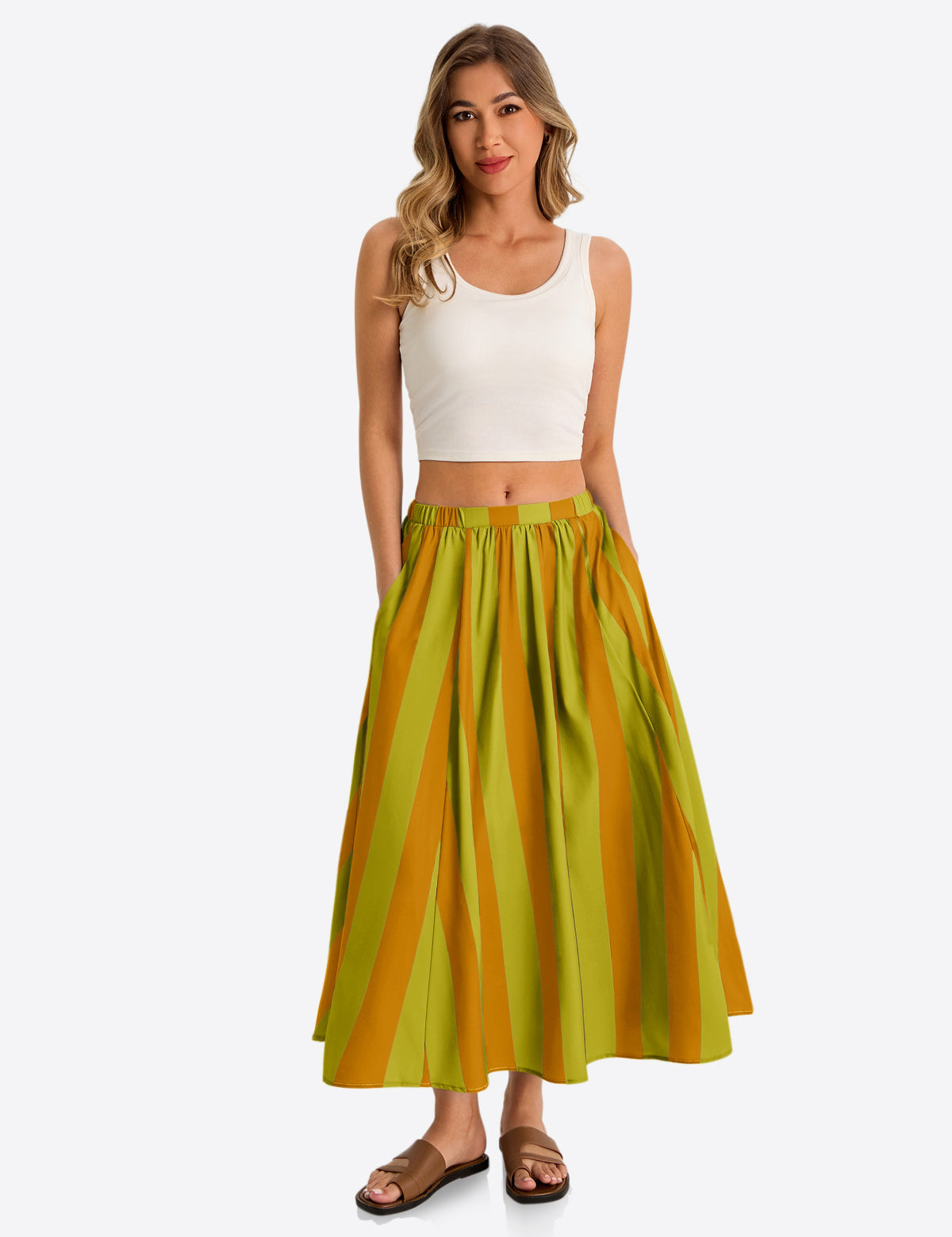 Womens Green Summer Striped Maxi Skirts