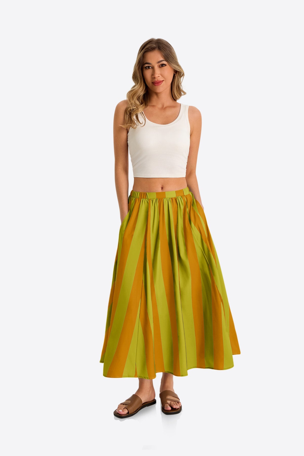 Womens Green Summer Striped Maxi Skirts